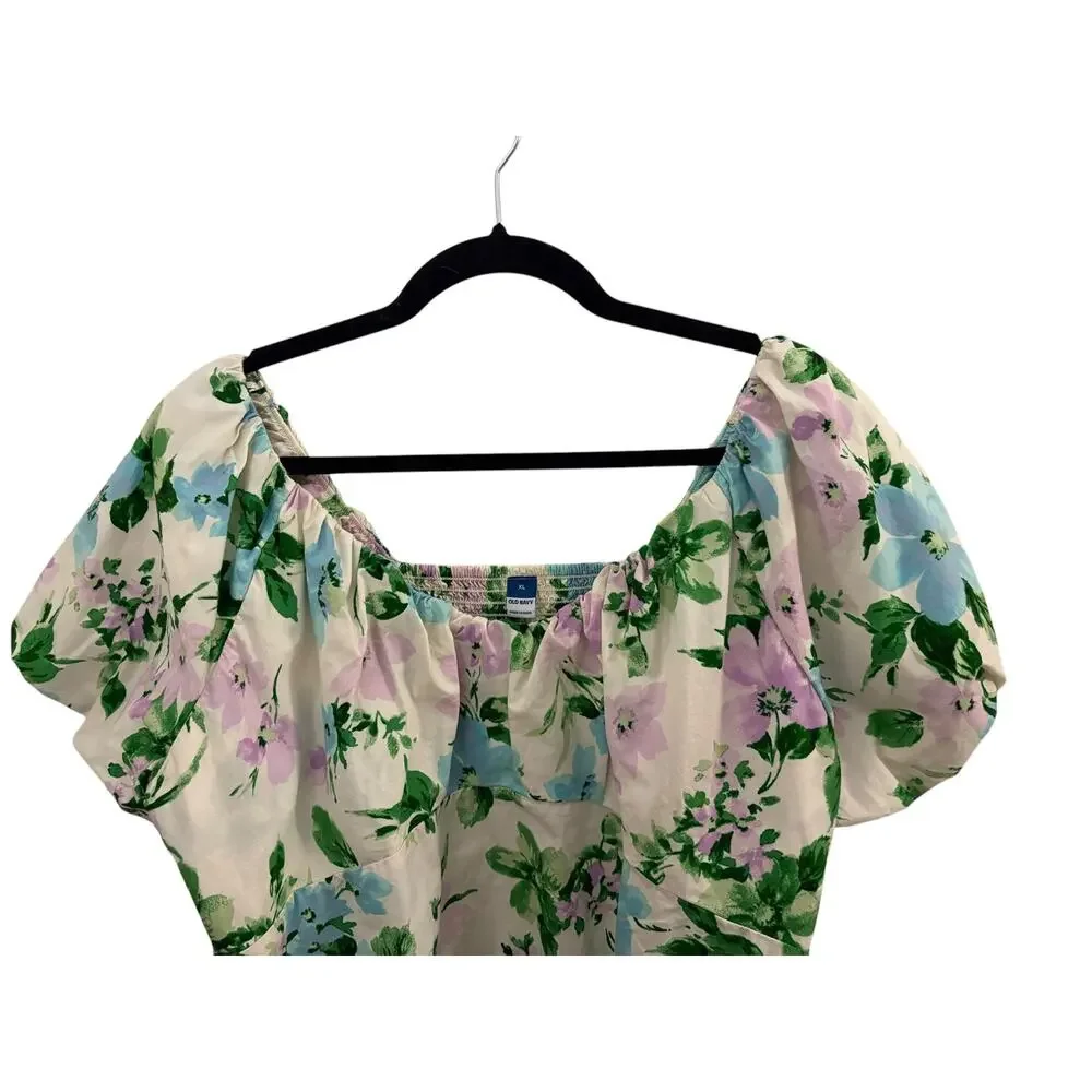 Old Navy Floral Peasant Style Blouse XL Puff Sleeve Scoop Neck Smocked Cotton